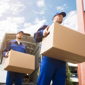 Close-up Of Two Young Delivery Men Carrying Cardboard Box In Front Of Truck